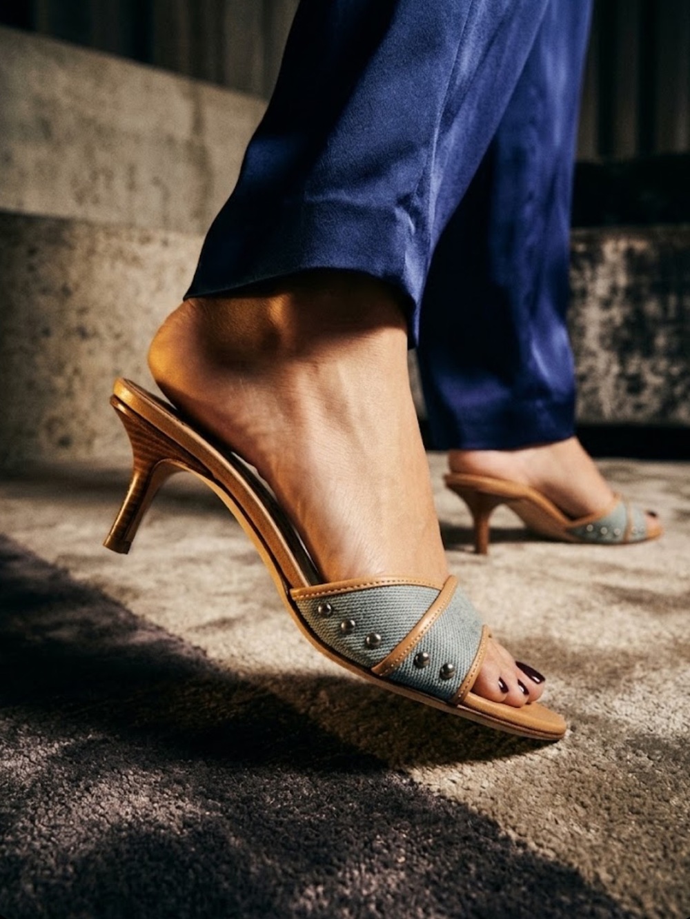 Jimmy Choo Blue Denim and Tan Studded Open-Toe Heeled Mule Sandals